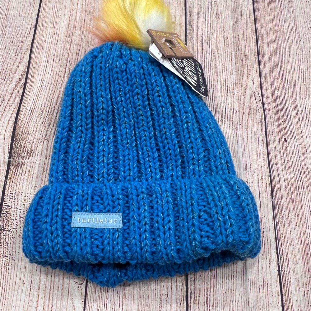 Turtle Fur Youth Keija Blue Chunky Knit Fleece Lined Pom Beanie Hat NWT 7-12Y